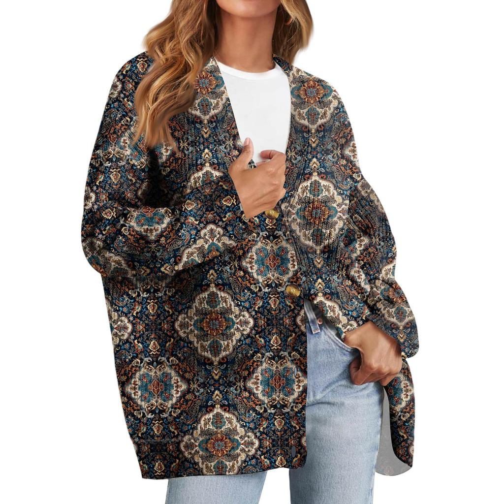 Women's Fashion Long Sleeve Christmas Print V-Neck Button Loose Cardigan Top