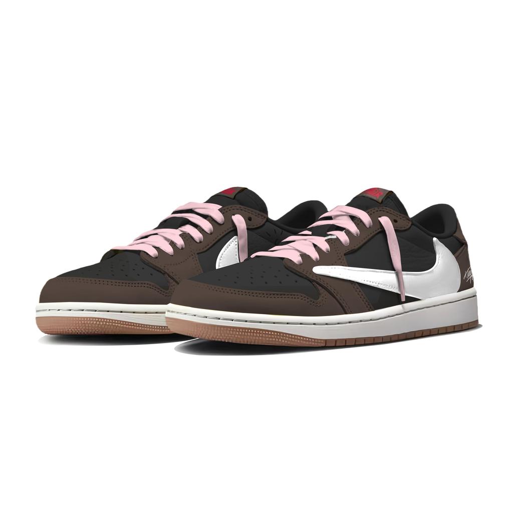 Travis Scott x Jordan Air Jordan 1 Marrone Scuro Rosa Lama Basse Scarpe da Basket Vintage Unisex Nero Marrone DZ4137-700(Team1698-)