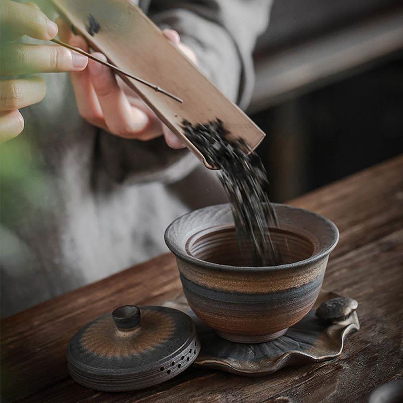BORREY Puer Gaiwan Japonský styl Skákací nůž Čajová konvice Šálek Kung Fu Čajová sada Žehlička na čaj miska Kamenina Gaiwan Ruční práce