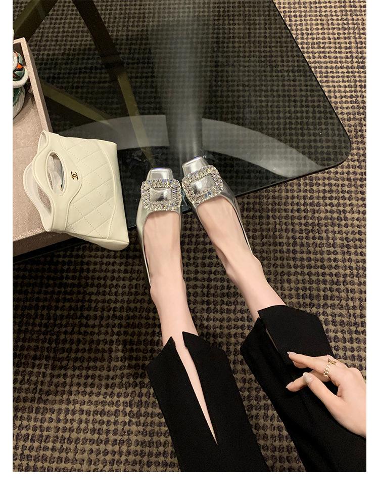 Sheepskin version~ Rhinestone light mouth French square head silver with skirt single shoes women's new leather Mary Jane shoes ladyshoes