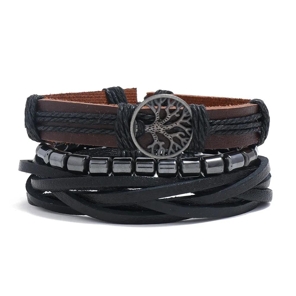 Braided Leather Bracelets for Men Vintage Life Tree Charm Wood Beads Ethnic Tribal Wristband Rope Bracelet Set