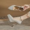 Skinny Pointed Thick Heel Mary Jane High Heels Women's Waterproof Table Satin One-word Button Rice Silver Wedding Shoes Single Shoes