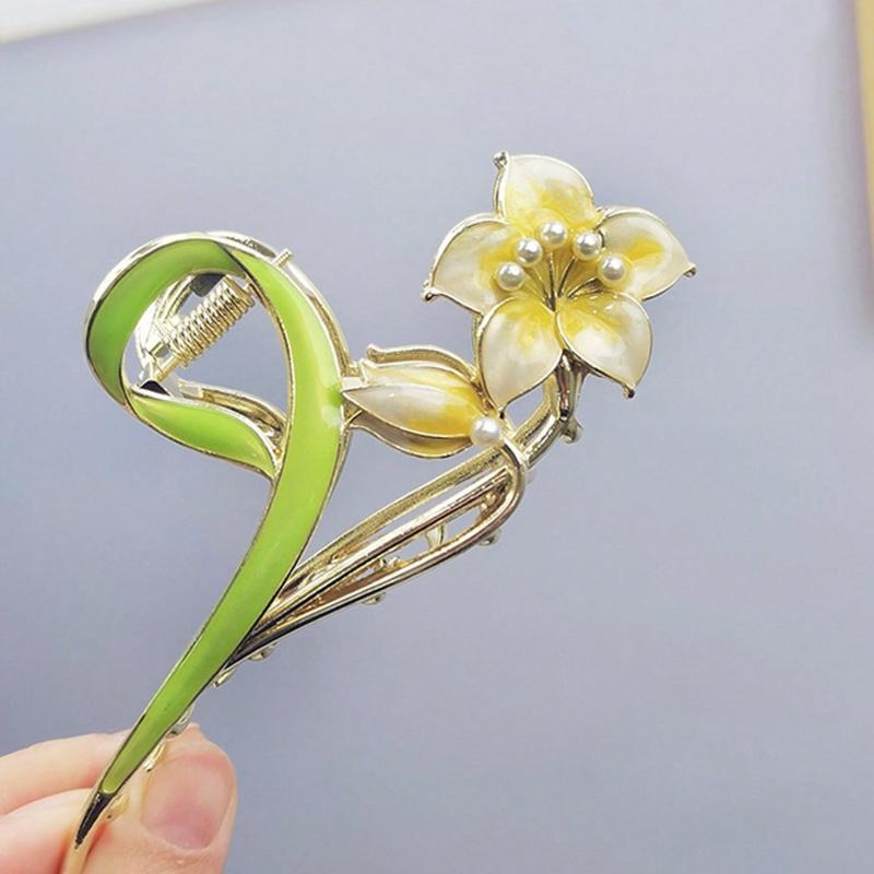 1pc Women's Multi-Color Flower Leaf Shaped Alloy Faux Pearl Hair Claw, Suitable For Everyday Use Boho Valentine's Day Valentines Summer Claw Clips