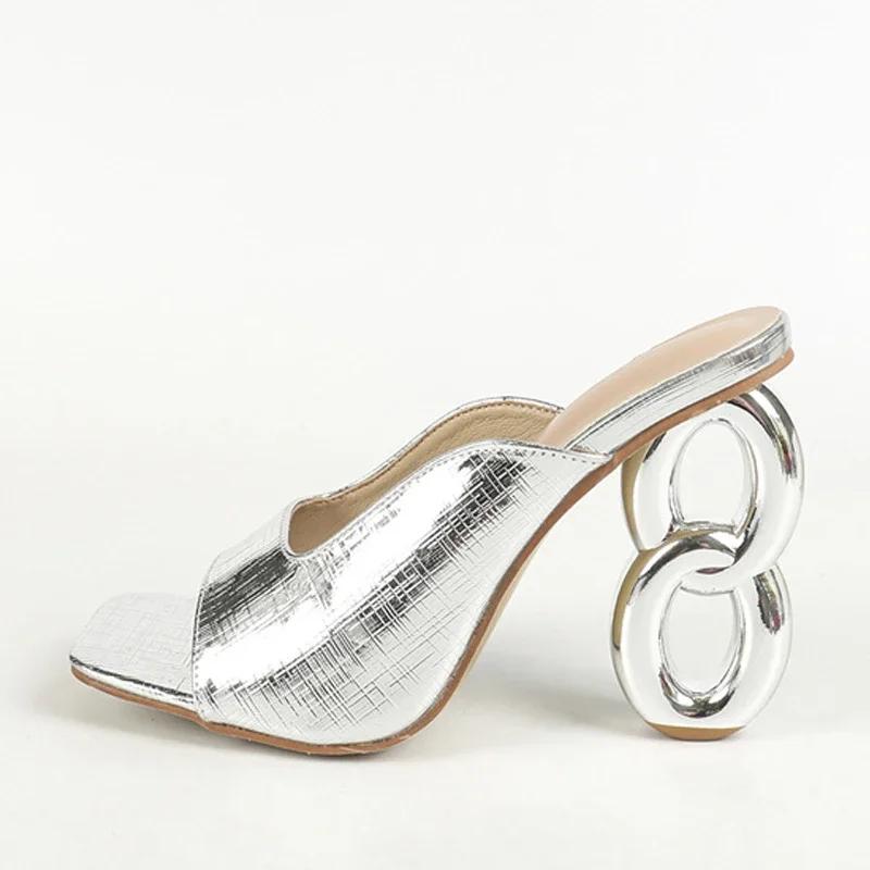 

НОВЫЕ Дизайнерские Странные Каблуки с Ажурной Отделкой Современные Шлепанцы Сандалии Женские Сексуальные с Квадратным Носком Платье Вечеринка Обувь Летние Мюли Слайды Туфли-лодочки 42 серебряный
