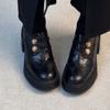 Sheepskin version~ Badge metal buckle retro one-pedal women's round head thick-soled waterproof table high-heeled small leather shoes