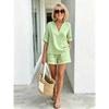 Women's Loose Two Piece Outfit V Neck Half Sleeve Top Elastic Waist Shorts Casual Linen Set