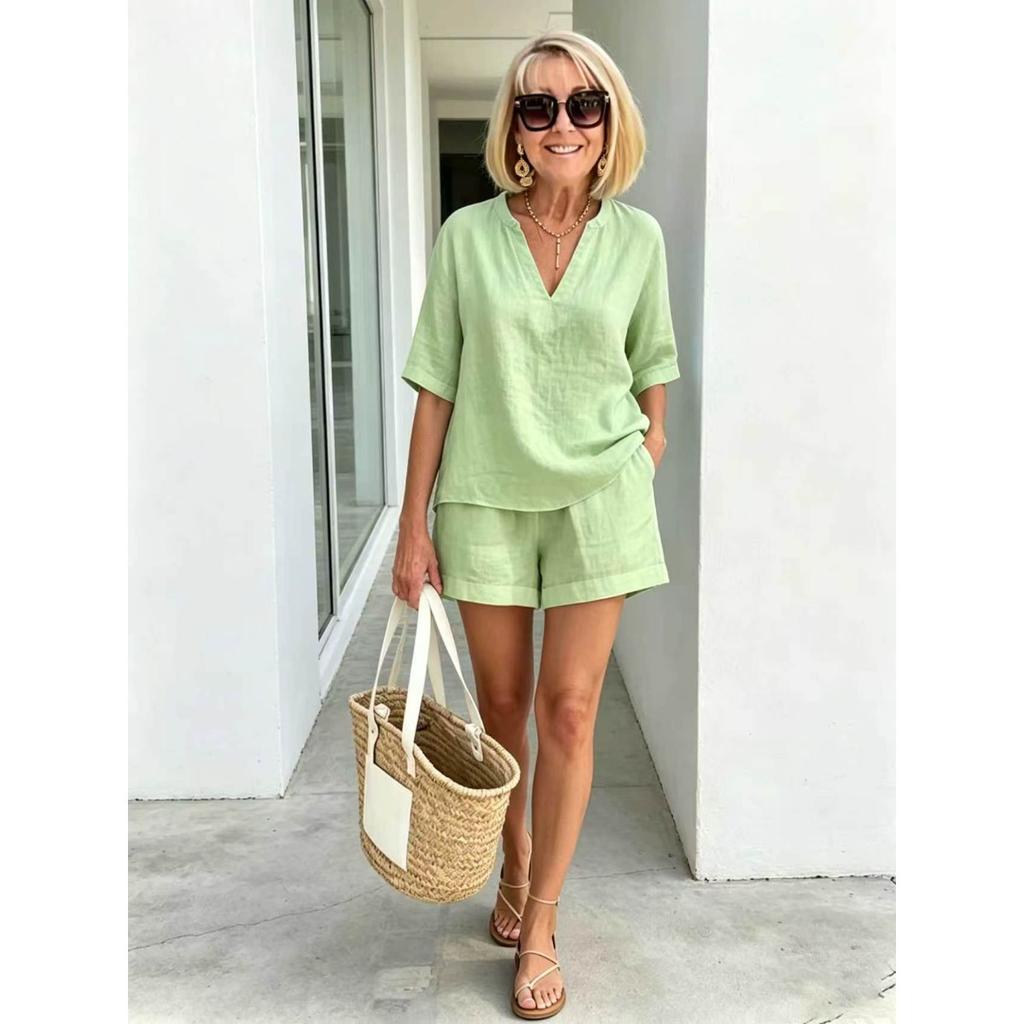 Women's Loose Two Piece Outfit V Neck Half Sleeve Top Elastic Waist Shorts Casual Linen Set