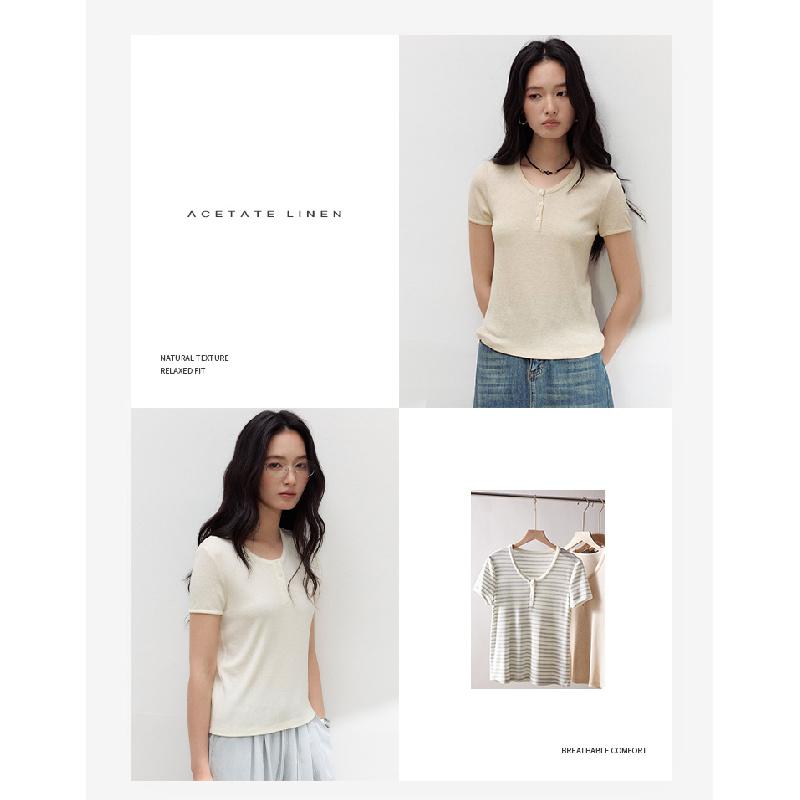 Summer Tencel Acetate Linen Short-Sleeve Women's New Knitted Slim-Fit Top