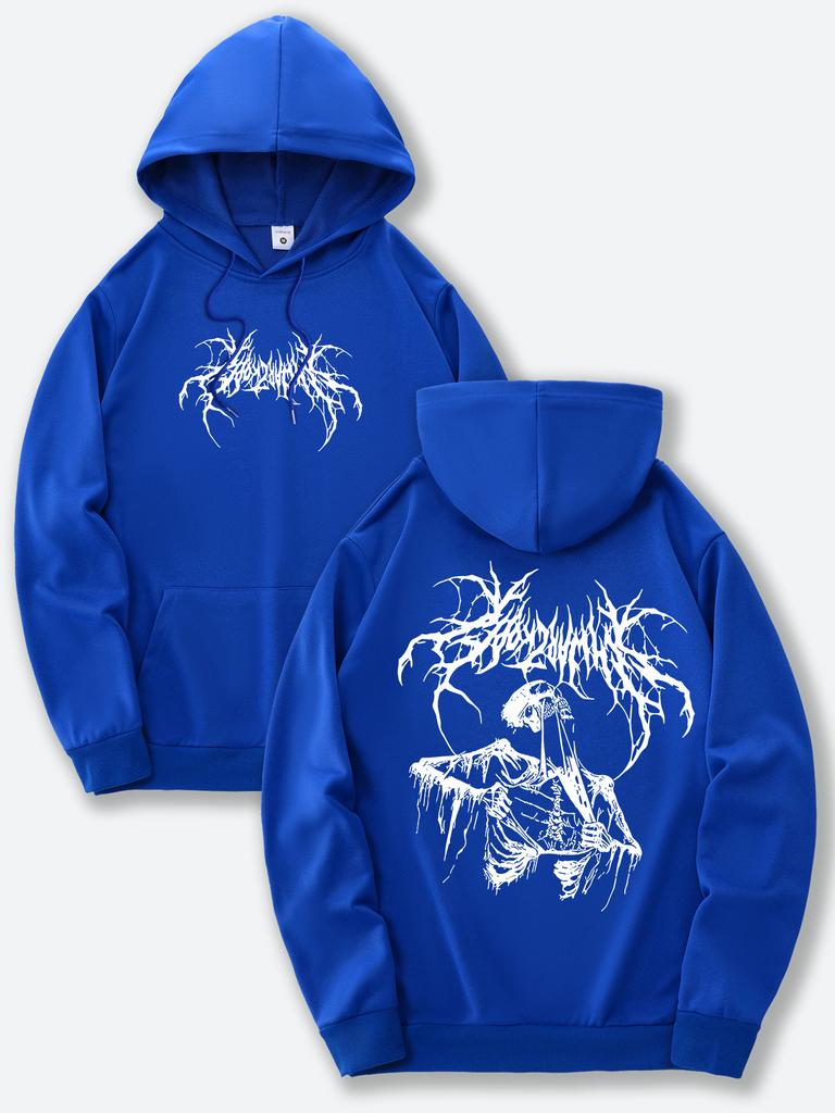 Black Hoodie Men's Skull & Branch Graphic Print Streetwear Gothic Style Autumn/Winter Thicken Fleece Lined Sweatshirt S-3XL