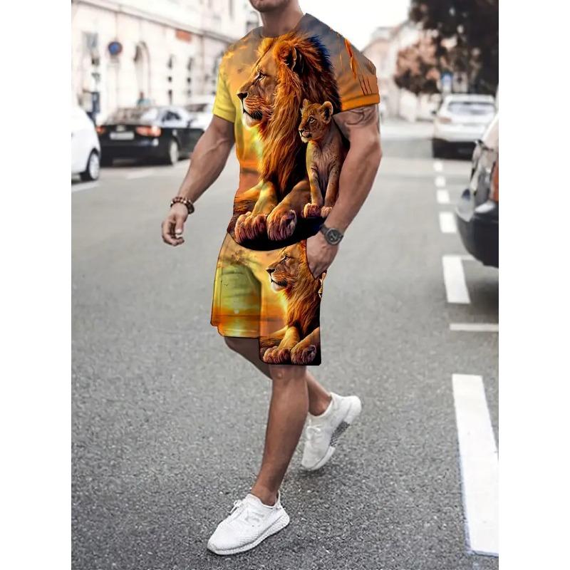

Летний мужской спортивный костюм из 2 предметов, 3D-принт золотого льва, футболка с коротким рукавом, шорты, комплекты для бега, уличная мужская одежда 6XL