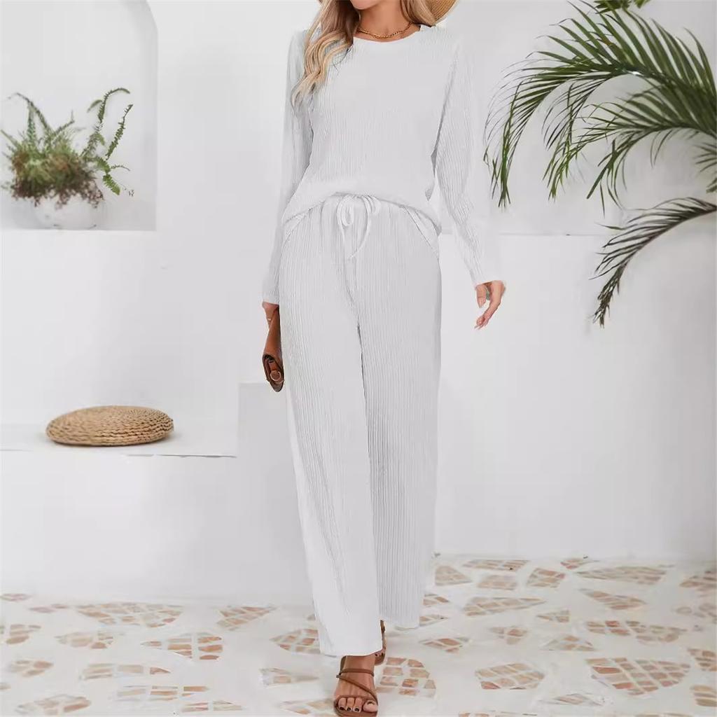 Women's Sets Casual Loose Knitted Jacquard Long-sleeved Crew Neck Top High Waist Drawstring Trousers