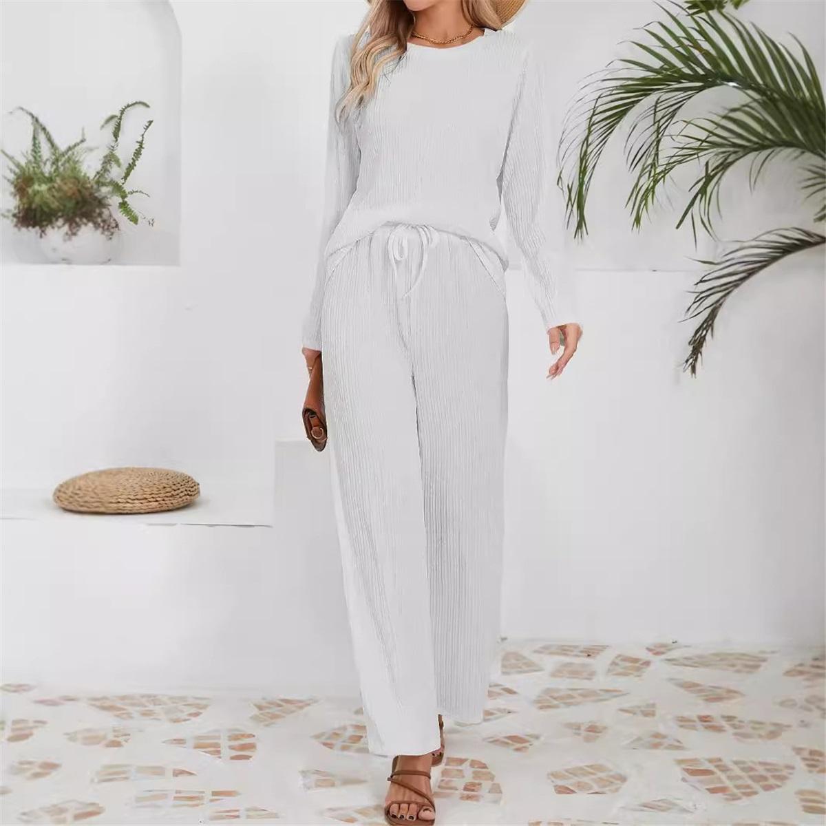 

Женские комплекты свободного покроя из трикотажного жаккарда с длинными рукавами и круглым вырезом, брюки с высокой талией и завязками XXL белый