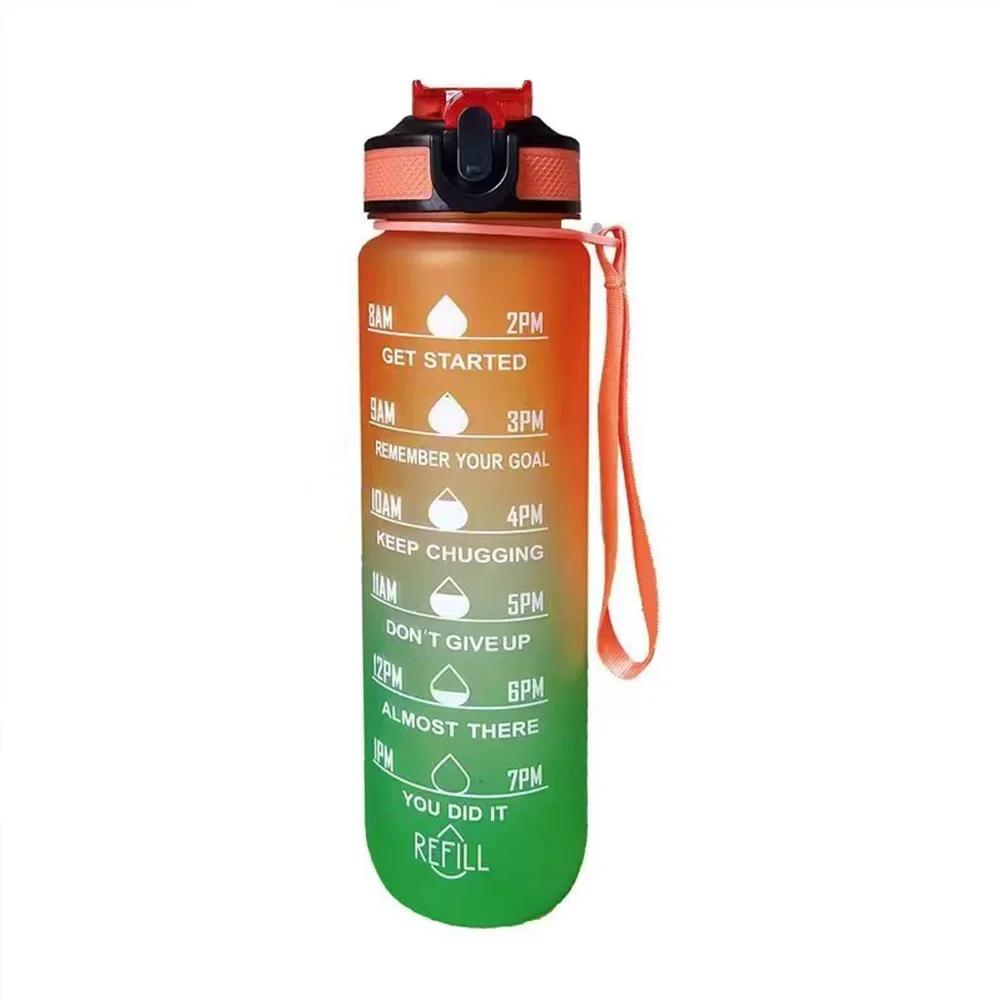 1L Sports Water Bottle With Straw Time Marker Gradient Color Motivational Bottle Leakproof Outdoor Student Drinking Water Cup