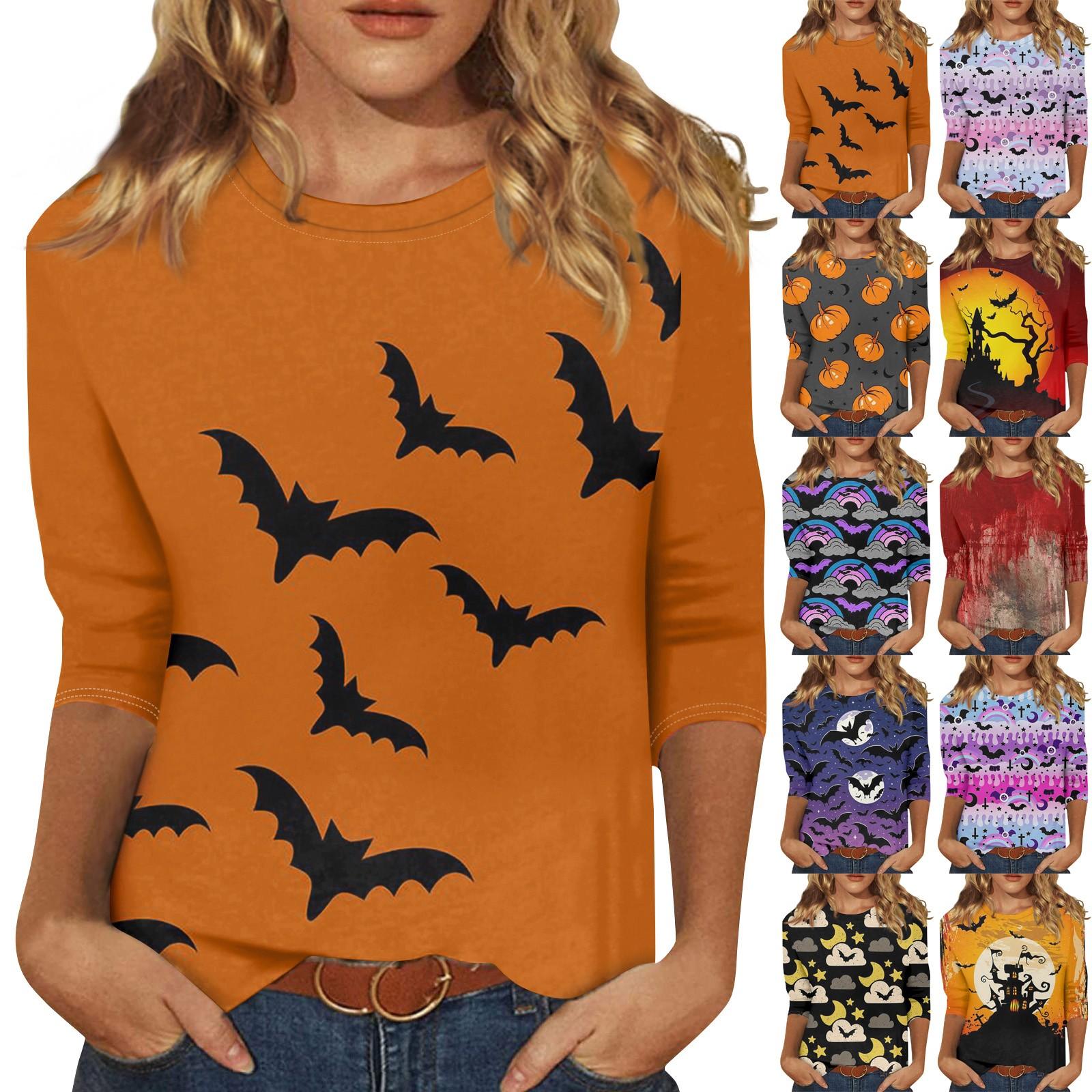 

Женская модная повседневная свободная футболка с круглым вырезом и рукавами 3/4 на Хэллоуин, женский топ