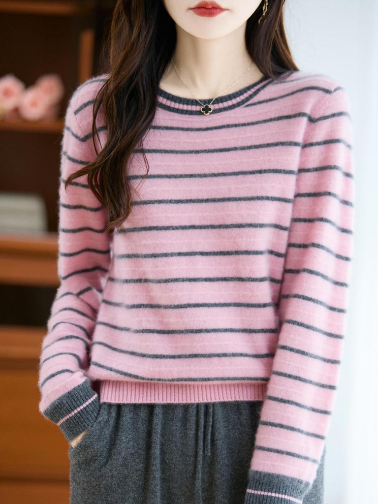 Women's Autumn/Winter Loose-Fit Round Neck Striped Pure Wool Sweater - Knitted, Warm Top Layers