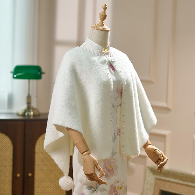 Elegant Cheongsam Shawl: Versatile Spring & Autumn Faux Mink Velvet Cape with Pearl Edging. Perfect for Daily Wear.