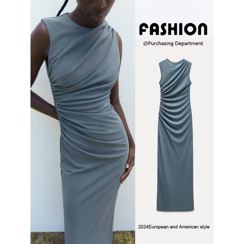 Za2024 Summer New Product Women's Clothes Silm Round Neck Sleeveless Ruched Decoration Midi Skirt Dress 3152320 250