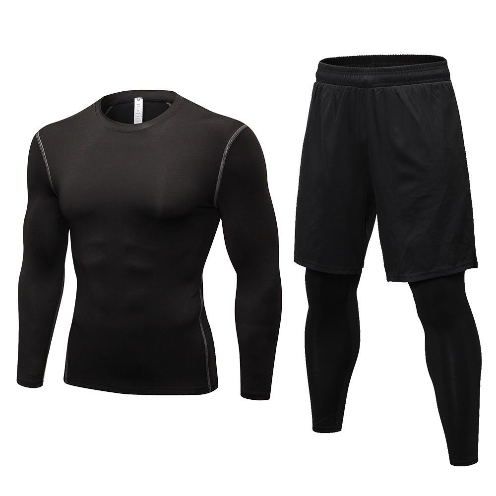 Men's Quick-Dry Sweat-Wicking Fitness Set: Long-Sleeve Top with Fake Two-Piece Design & Long Pants (1019+7010)