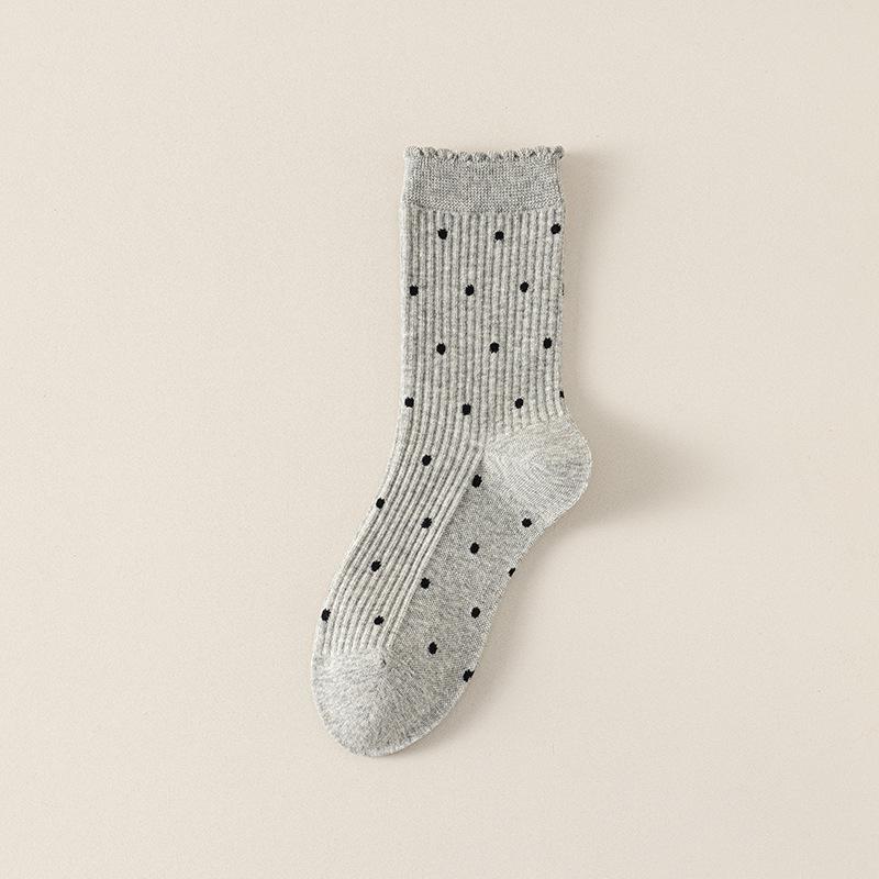 Lace Socks, Women's Long Socks, Polka Dot Black Ear-trimmed Cotton Socks, Autumn and Winter Sports Pile Socks, Versatile Boneless Mid-calf Socks