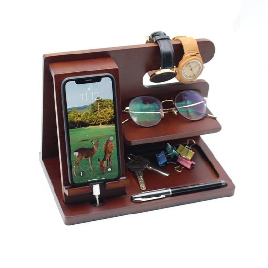 Phone Holder Stable Multifunctional Wooden Phone Organizer Key Wallet Watch Storage Shelf for Bedside Table