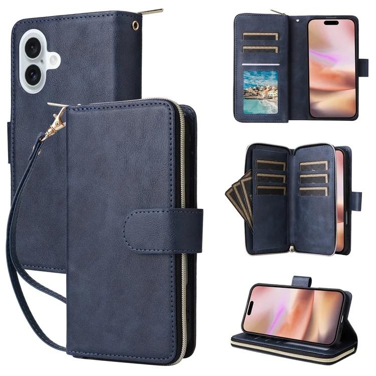 

For iPhone 16 Plus Case PU Leather Phone Cover 9 Card Slots Zipper Pocket Hand Strap