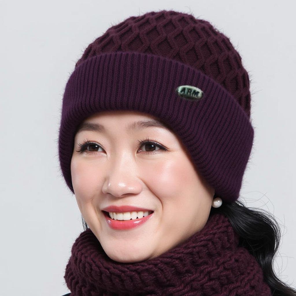 Warm Knitted Wool Hat for Elderly Women - Velvet-Lined Winter Ear Protection