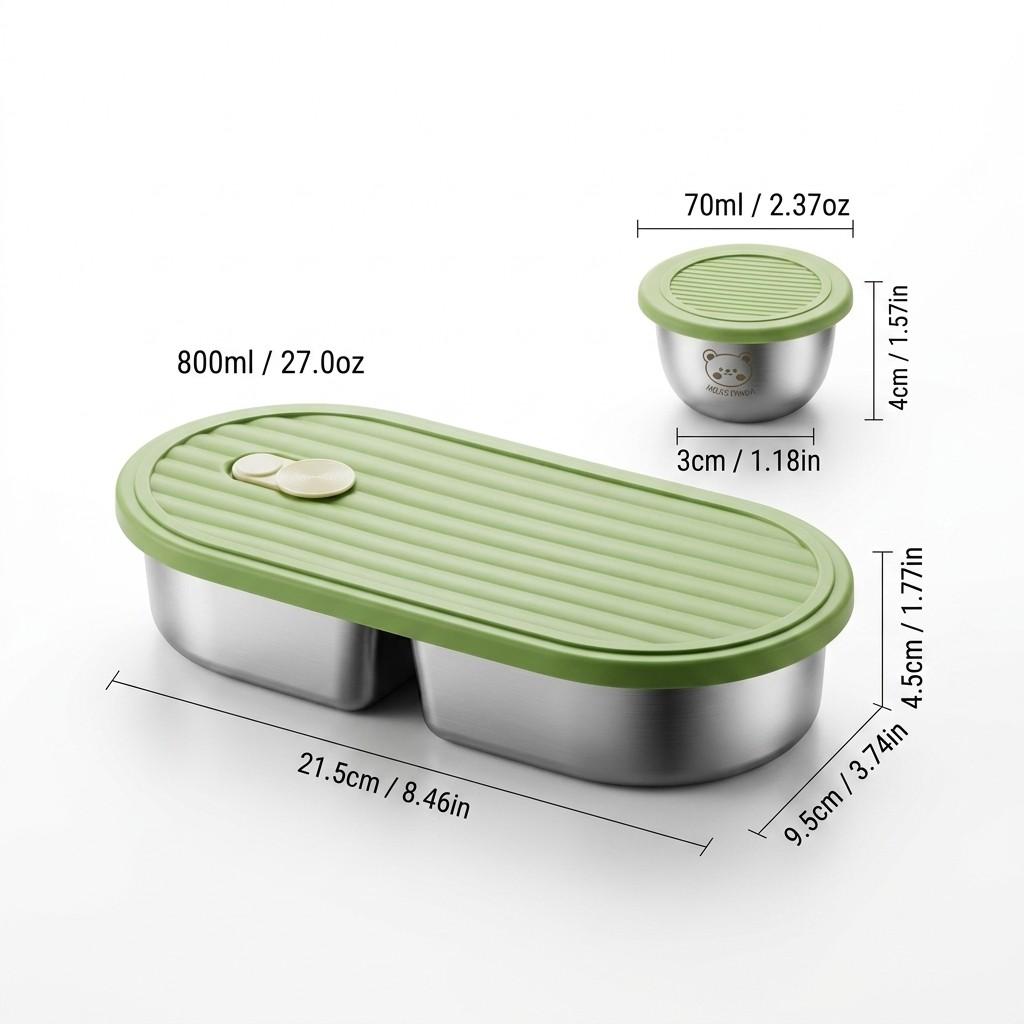 2 Grids 304 Stainless Steel Bento Lunch Box With Sauce Box Portable Sealed Fruit Salad Food Container For Student Microwave Safe