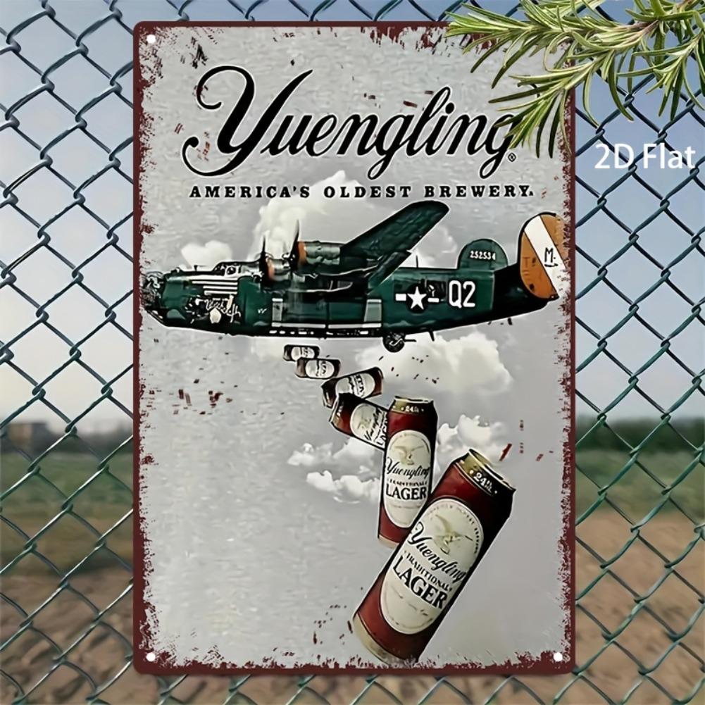 2D Flat 1pc Vintage Yuengling Metal Tin Sign - Classic American Brewery Art with Old-School Aircraft & Lager, Retro Wall Decor