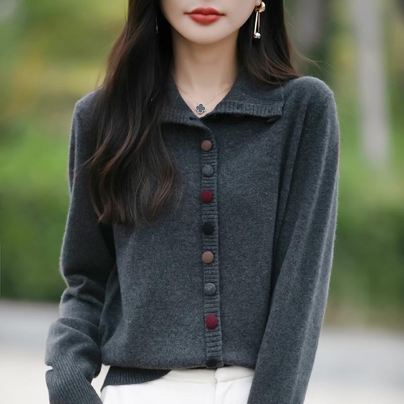 Women S Lapel Long Sleeve Cardigan Sweater Korean Style Solid Color