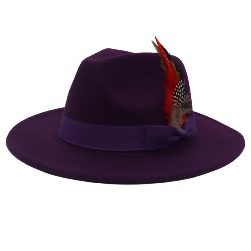 Bow Feather Top Hat Big Eave Hat Men'S And Women'S Cashmere Felt Hat Wind Hat