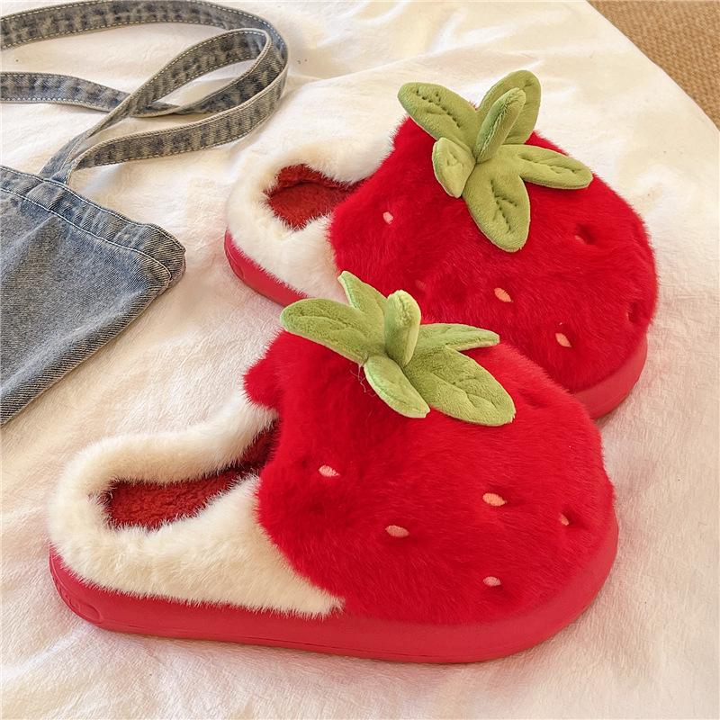 

Cotton slippers women s winter indoor home warmth plush cute strawberry bag head thick sole non-slip outer wear confinement cotton shoes 40-41 красный