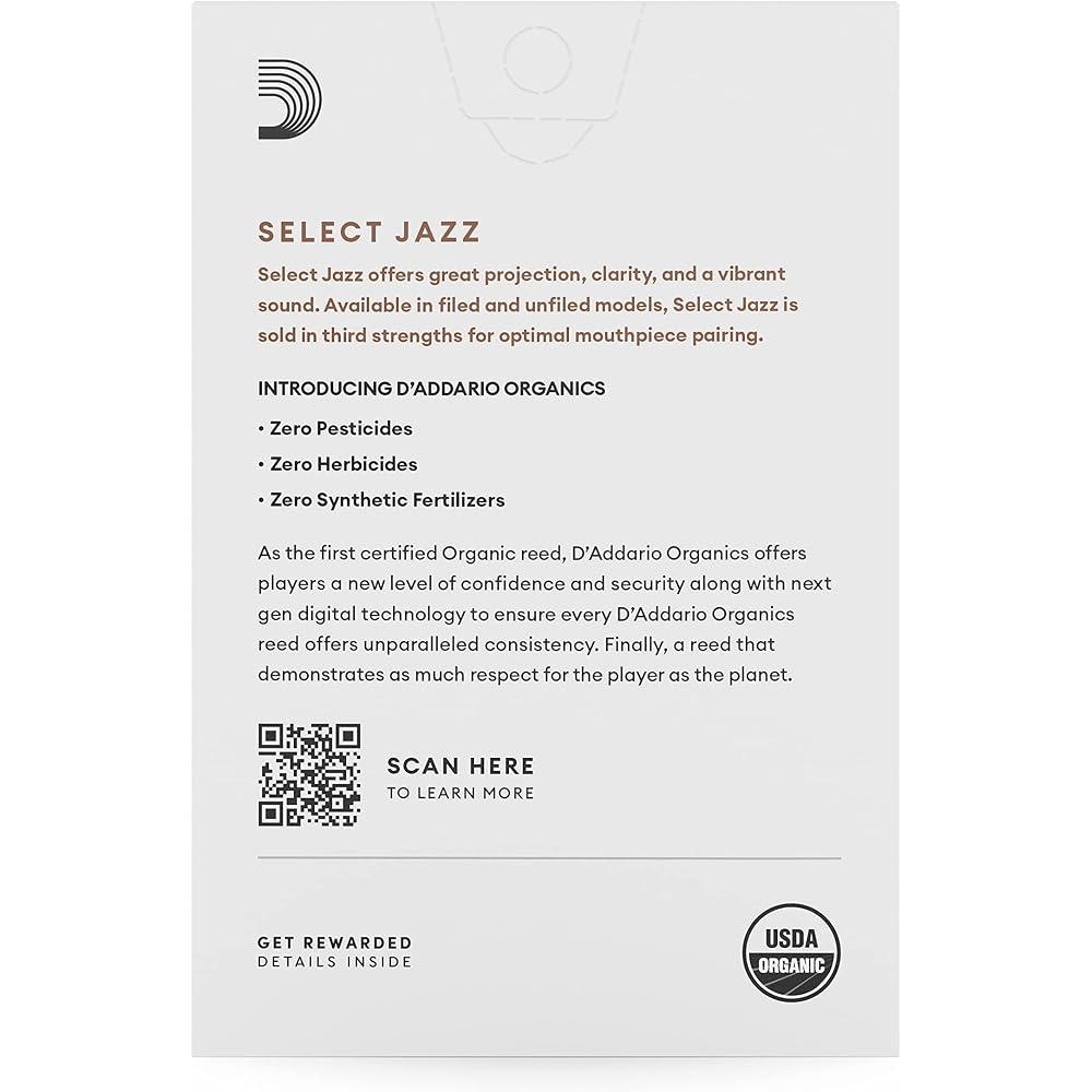 D'Addario WoodWinds Daddario Reed for Alto Saxophone USDA Organic Certified SELECT JAZZ Unfiled O...