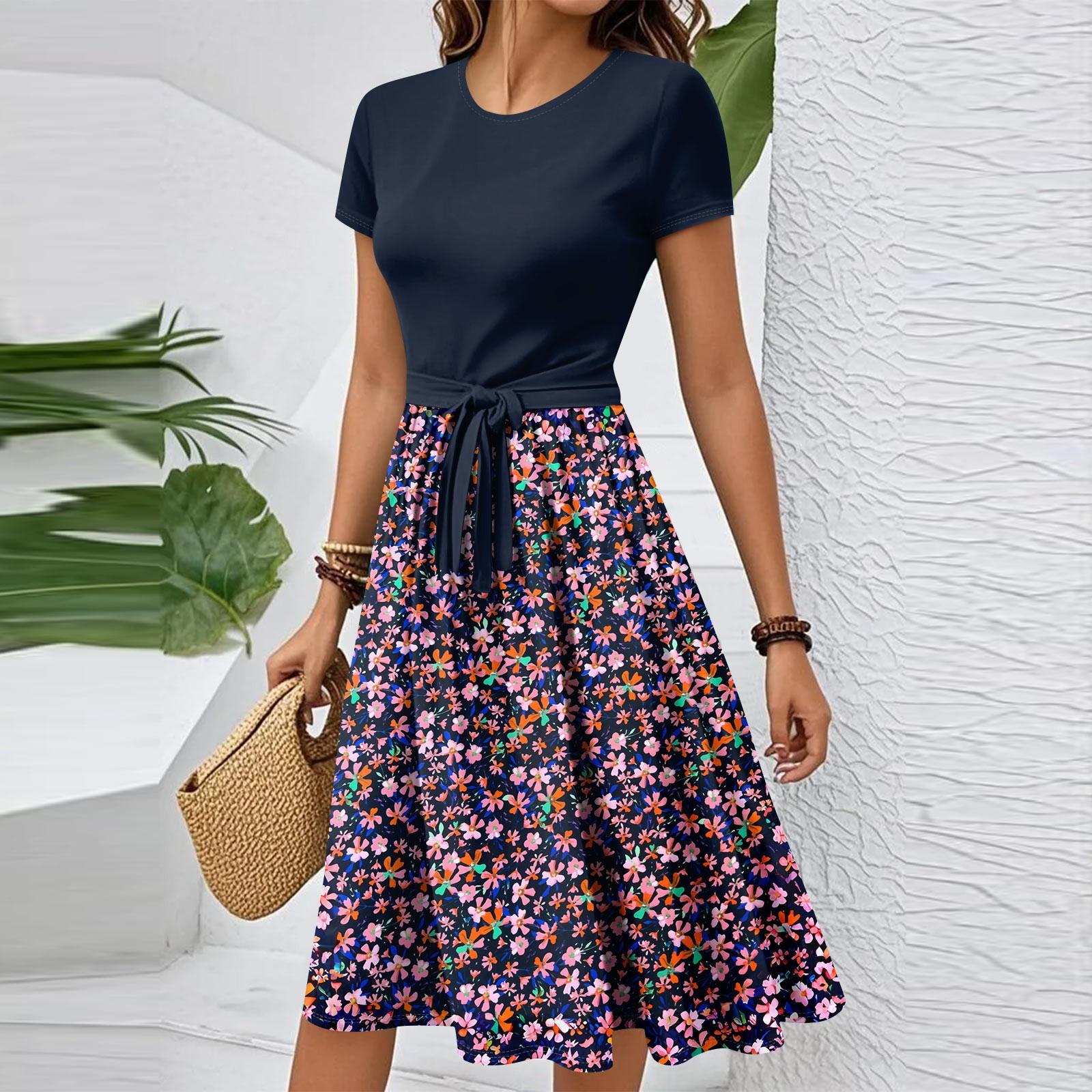 

Женское повседневное модное элегантное платье с поясом и винтажным принтом с коротким рукавом и круглым вырезом XL винный