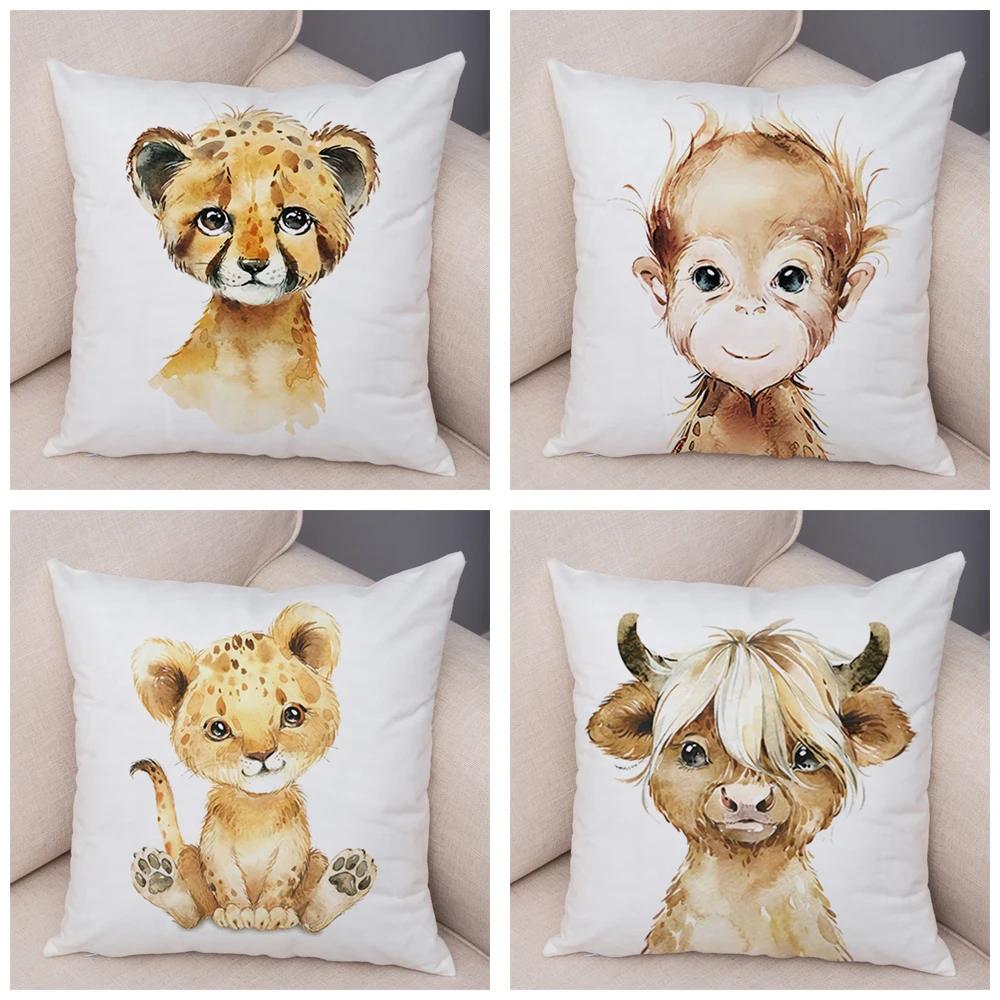 Watercolor Cute Animal Cushion Cover Sofa Home Decor Zebra Giraffe Hippo Monkey Lion Fox