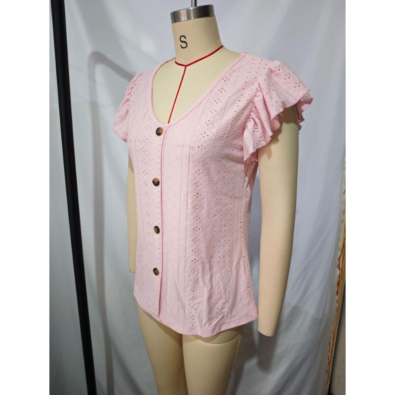 Womens V Neck Eyelet Embroidered Blouse With Short Flutter Sleeves Casual Button Down Top