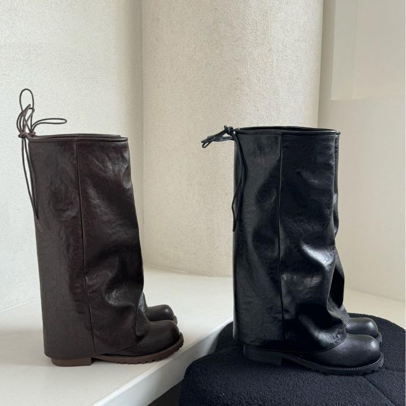 Korean version of trouser boots women's 2025 autumn and winter new Maillard retro pleated knight boots stacked boots