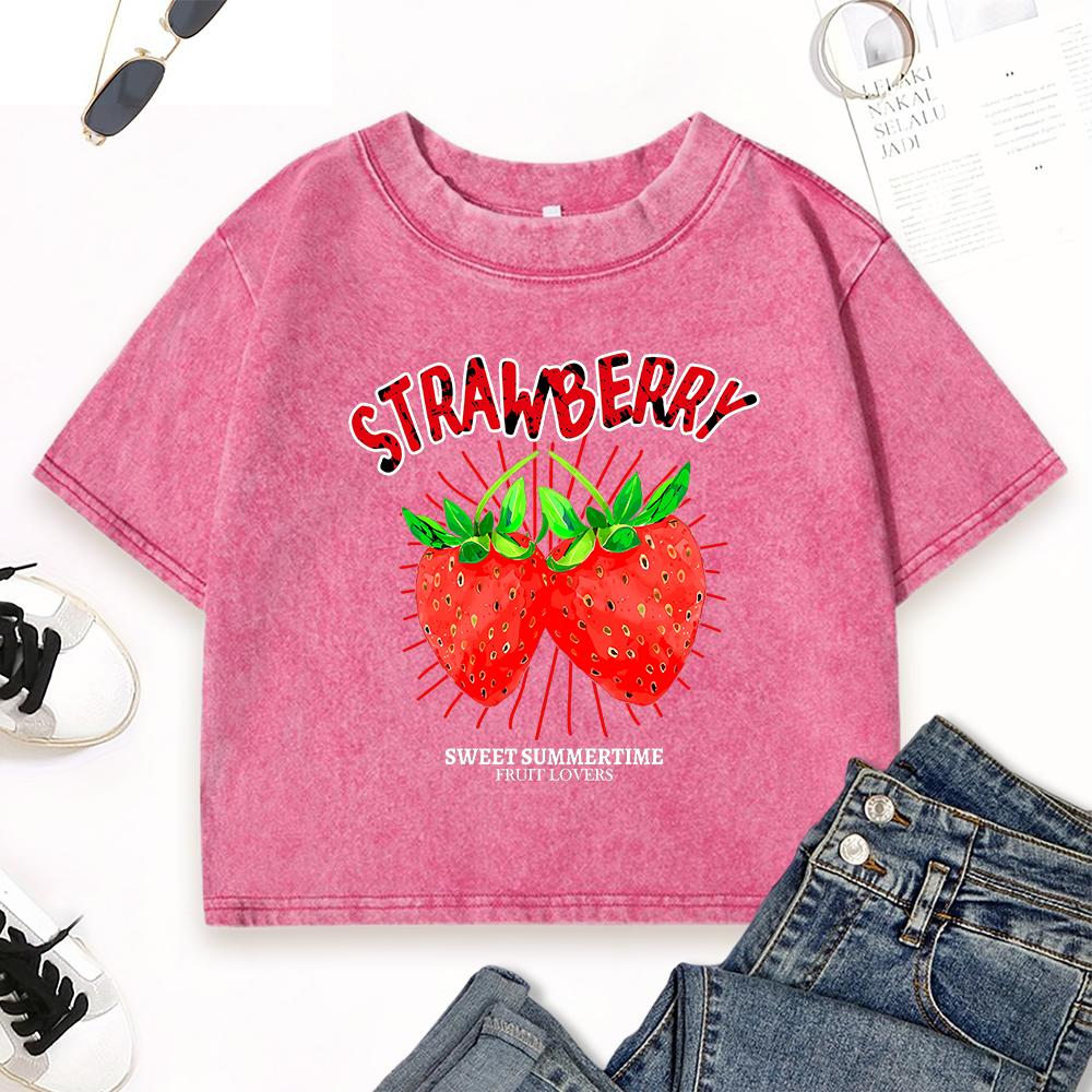 Red Strawberry Sweet Summertime Prints Women Washed Crop Top Street Fitness Short Sleeve Cotton Summer T-Shirt Tops