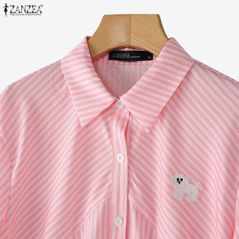 ZANZEA Women Casual Turn Down Collar Short Sleeve Loose Stripe Blouse