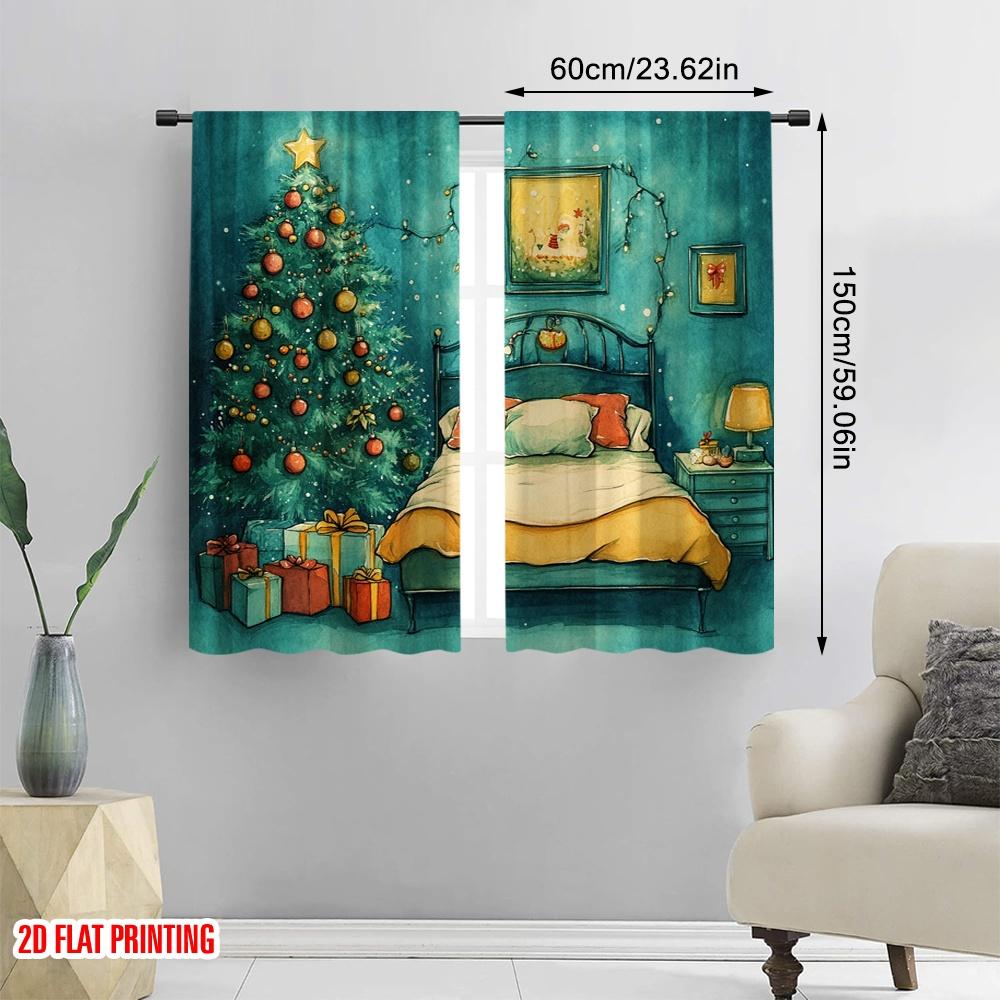 2pcs,2D plane printing Print Curtains Christmas Bedroom Cozy Holiday Scene (3) Versatile 100% Polyester (without rod) Festive