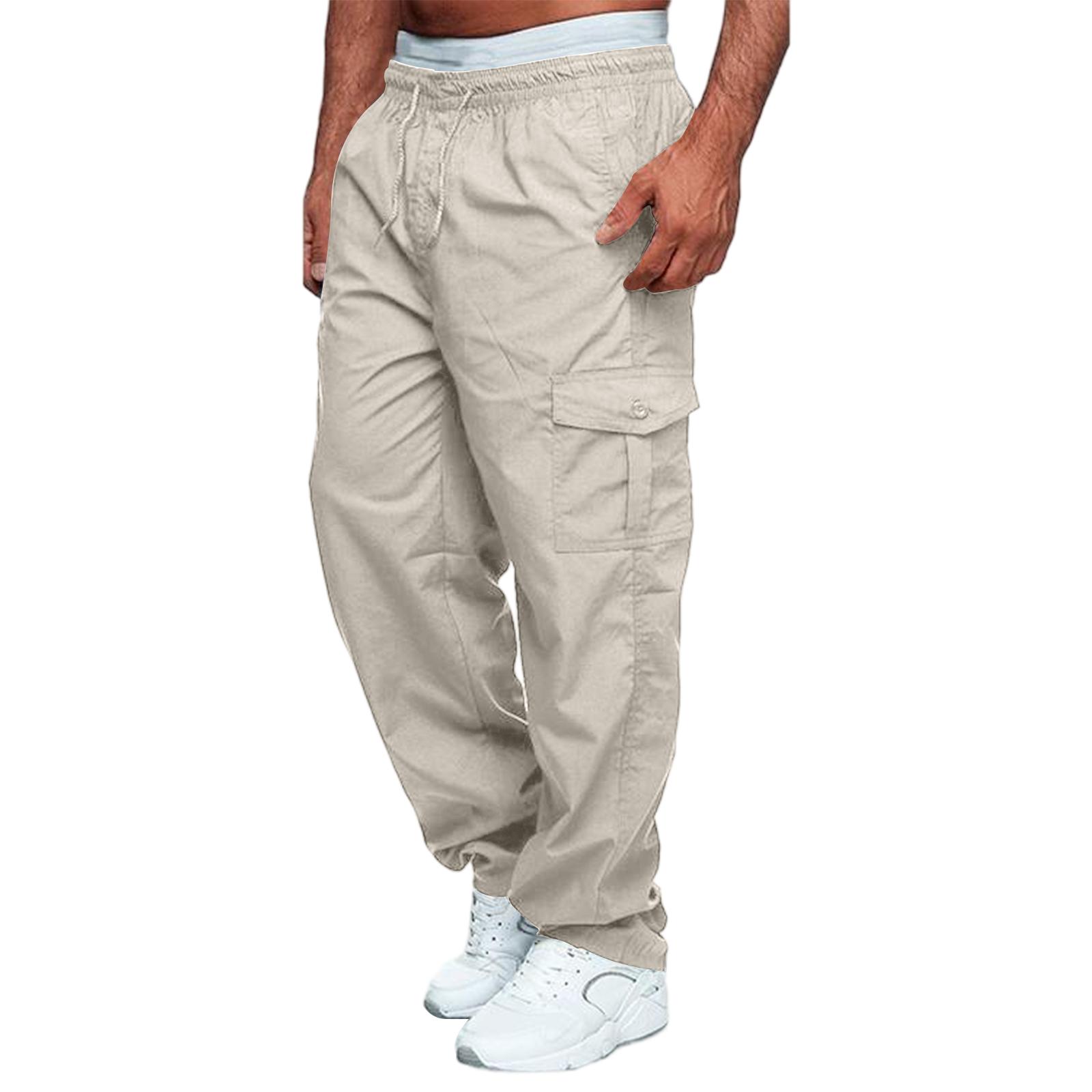 

Men s Casual Multi Pocket Loose Fit Straight Leg Cargo Pants Outdoor Work Trousers Gym Fitness Bottoms XL бежевый