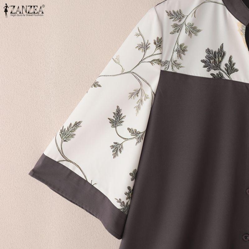 ZANZEA Women Casual V-Neck Loose Print Splice 3/4 Sleeve Blouse