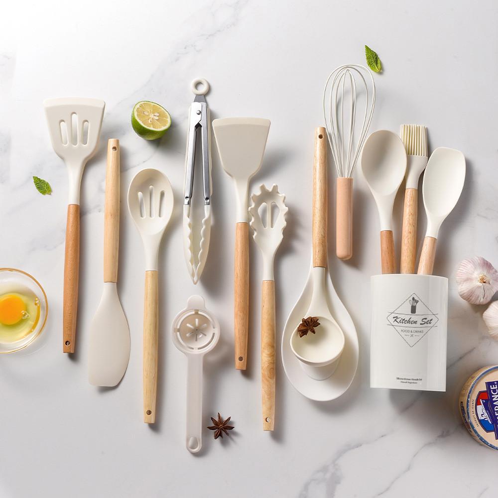 Silicone Kitchen Utensil Set With Wooden Handles For Nonstick Cookware And Heat Resistance