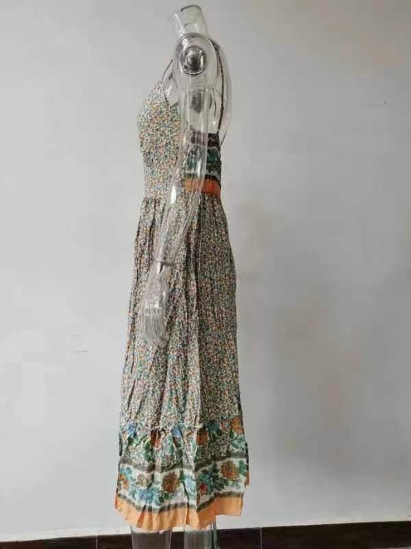 2026 Summer Bohemian V-Neck Floral Spaghetti Strap Maxi Dress for Women
