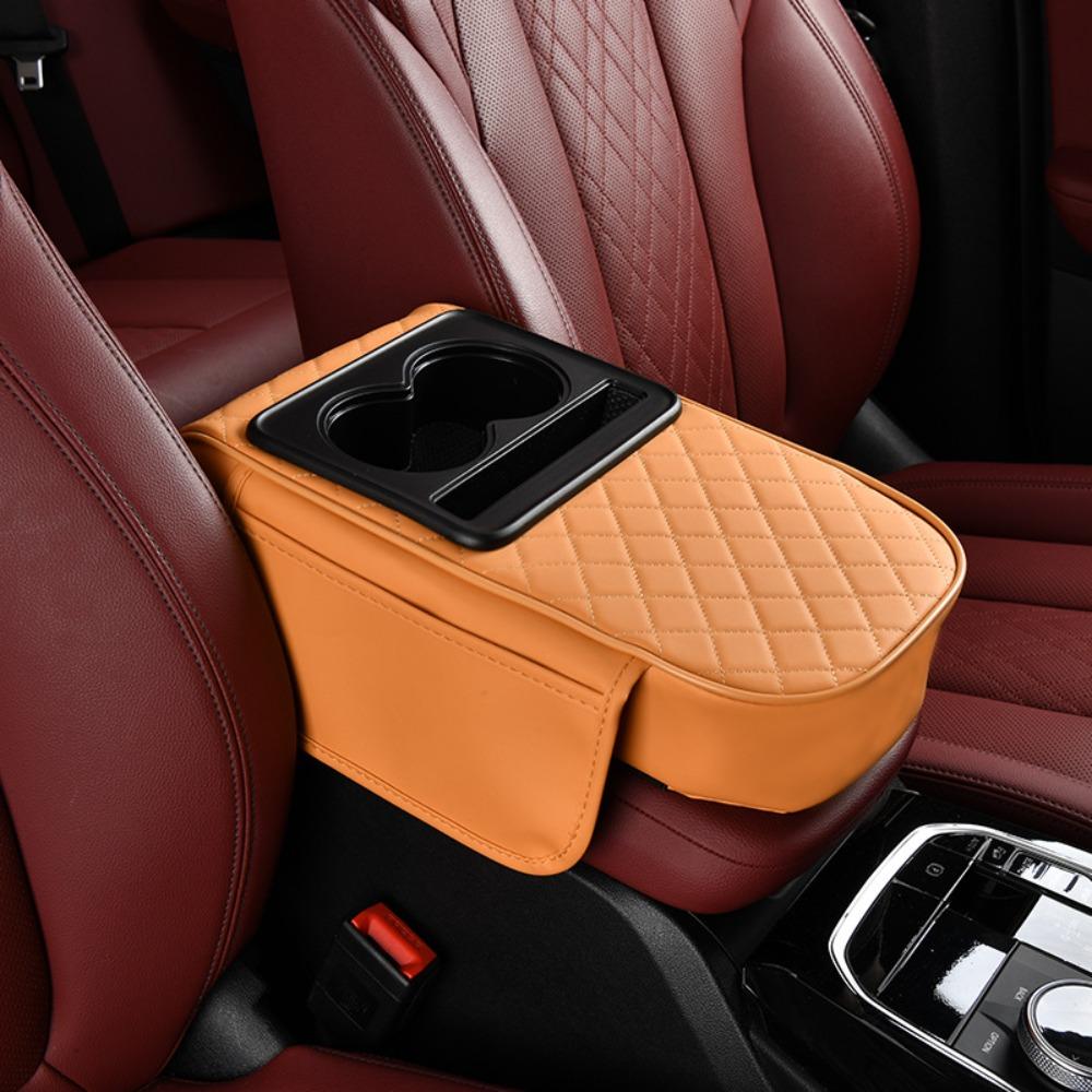 PU Leather Car Armrest Pad with Cup Holder Multifunctional Center Console Armrest Cushion Height Increasing Thickened