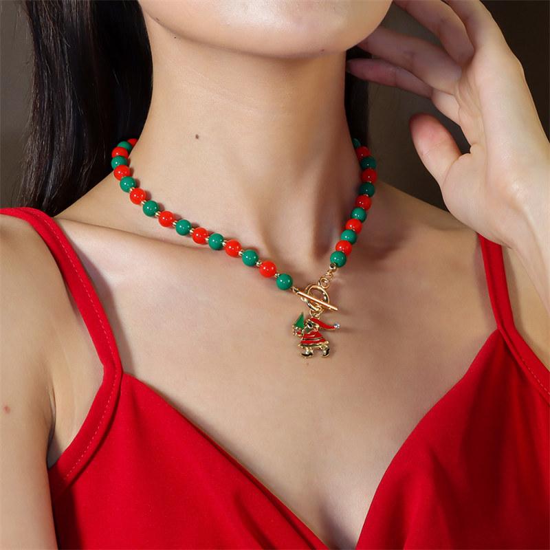 Christmas Imitation Pearl Necklace for Women Fashion Santa Claus Snowman Pendant Clavicle Chain Jewelry