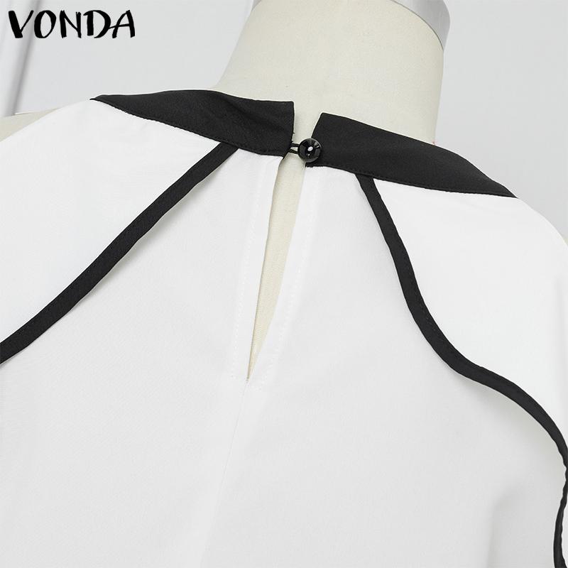VONDA Women Cold Shoulder Ruffled Sleeve Bow Knot Casual Stitching Blouse