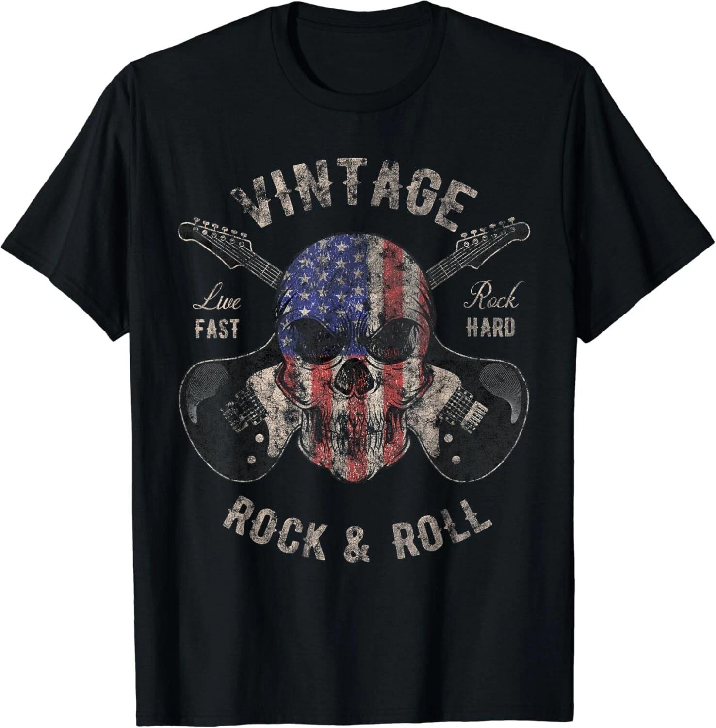

American Flag Guitar Vintage Rock and Roll Skull Guitarist Gift Unisex T-Shirt L