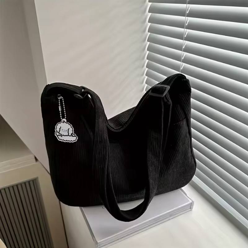 

Женская вельветовая сумка через плечо, повседневная полосатая сумка-тоут большой вместимости на молнии, милая нашивка в виде шляпы, идеально подходит для повседневного использования чёрный