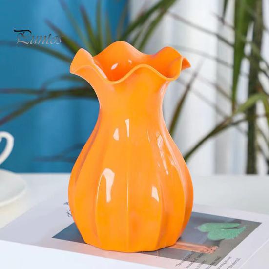 Light Plastic Vase Shatterproof Flower Vase with Ruffled Mouth Dried Flowers Holder with Bow for Bedroom Living Room Table Decor