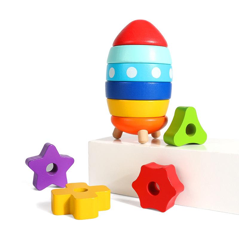 Zhiqu Double Tower Wooden Rocket Stack Ring Kindergarten Children's Educational Toy Building Block Set Floor Games